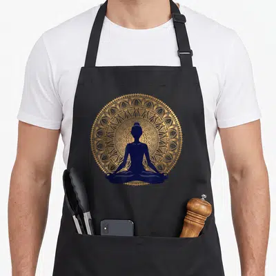 Tablier de cuisine noir avec silhouette bleue en position du Lotus sur mandala doré détaillé.