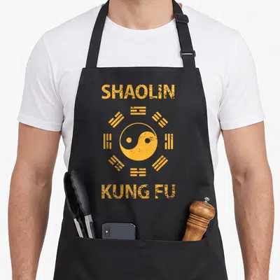 Tablier de cuisine noir avec logo Shaolin Kung Fu, symbole Tai Chi et trigrammes dorés sur fond uni.
