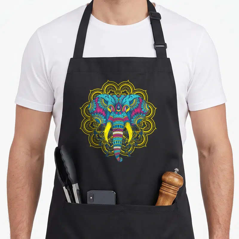 Tablier de cuisine noir avec tête d'éléphant colorée et motif mandala doré.