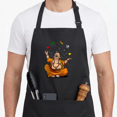 Tablier de cuisine noir avec un Bouddha riant en orange jonglant avec des légumes colorés et des étoiles scintillantes.